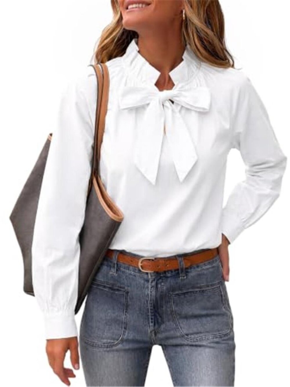 Women's White Bow Tie Blouse 100% Cotton Puff Sleeve Ruffle Dressy Work Top